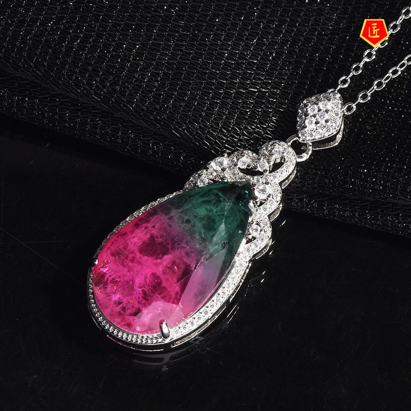 [Ready Stock]Watermelon Tourmaline Pendant 18K Rose Gold Water Drop Colored Gems Necklace