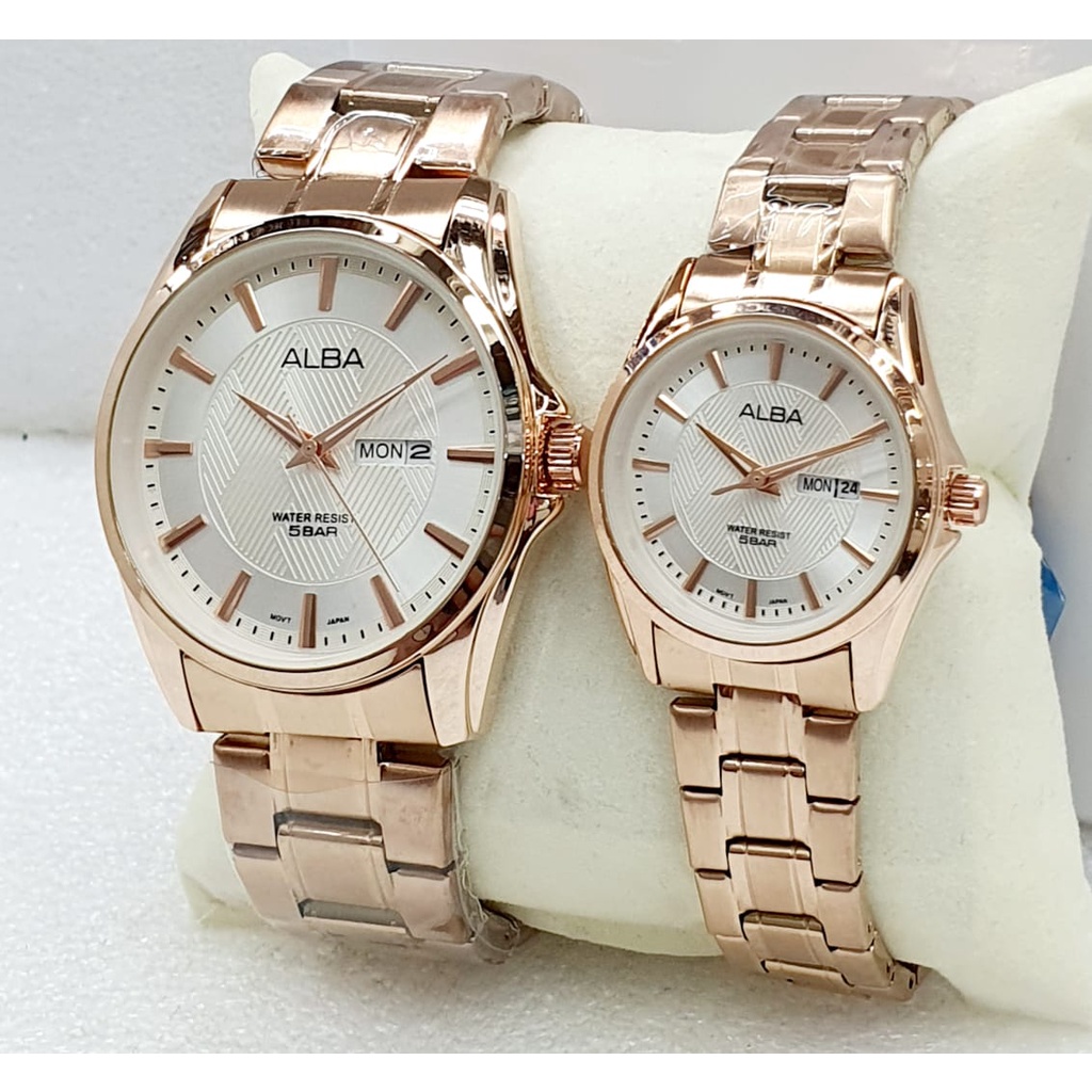 Jam Tangan Couple Fashion Alba C51804T Tali Rantai Tanggal Hari Aktif Free Box &amp; Baterai