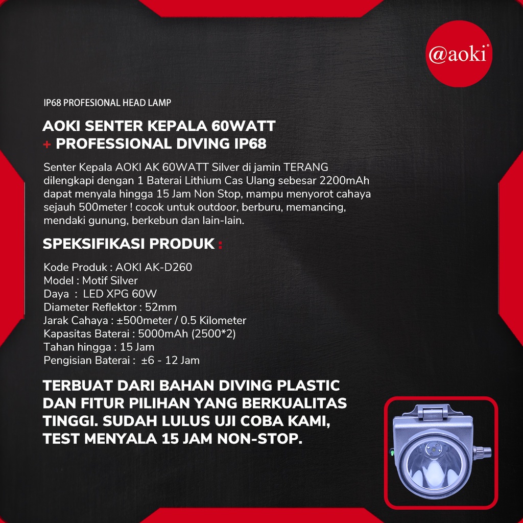 Senter Kepala Selam / Diving AOKI AK-D260 60w 60 Watt Super Led Baterai Lithium 2200mAh Super Terang Cahaya Putih Jarak Sorot Jauh 500meter dan Tahan 10 Jam NONSTOP | FMS