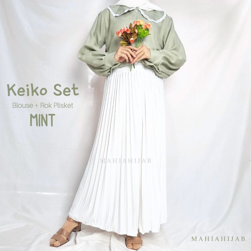 Keiko Set Blouse + Rok plisket KOREAN STYLE , outfit hijab , SETELAN LENGKAP