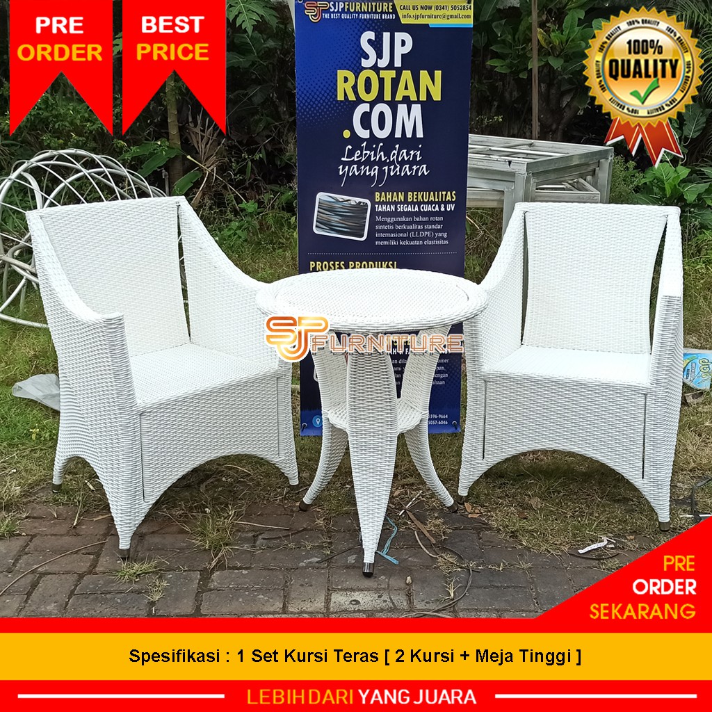 1 Set Kursi Teras Model Tanggo Belang Rotan Sintetis Meja Tinggi [ Rangka Besi ] 2 Kursi + Meja