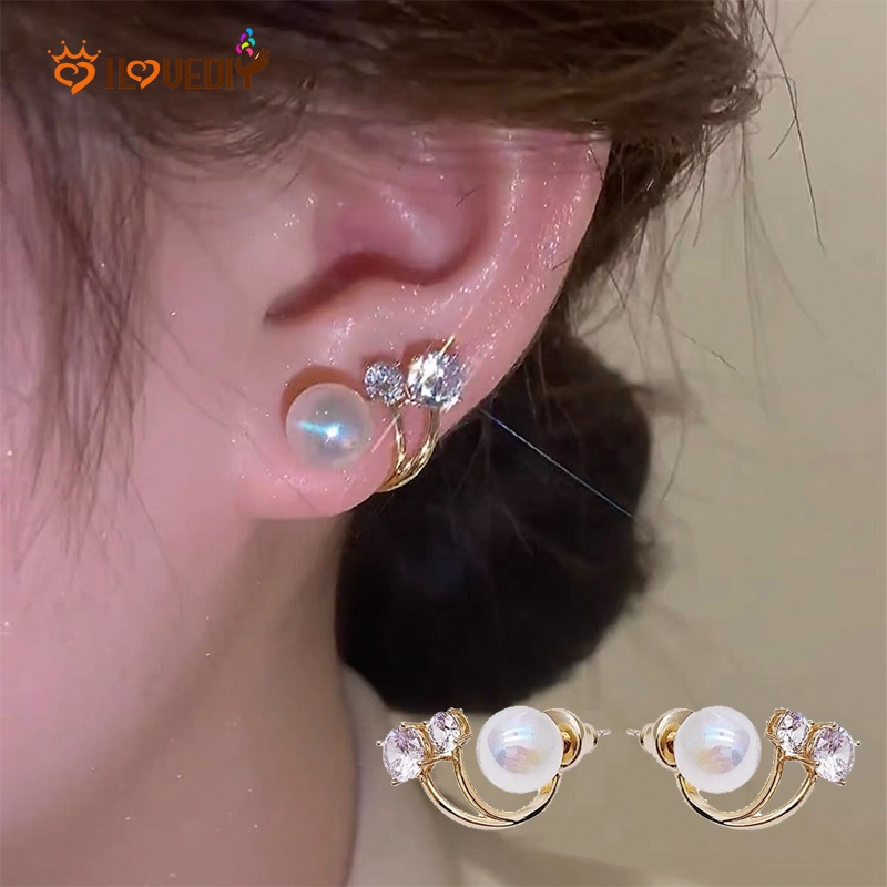 Anting Stud Desain Bunga Ekor Ikan Aksen Kristal Mutiara Gaya Perancis Minimalis Elegan Untuk Wanita