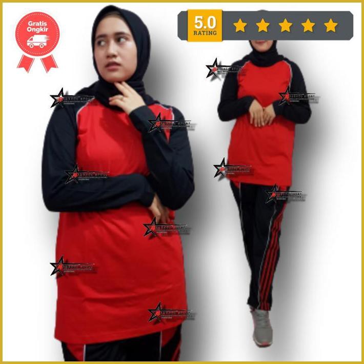 Stelan Olahraga Wanita / Stelan Senam / Baju Olahraga Muslim - Merah Hitam, M Paling Murah
