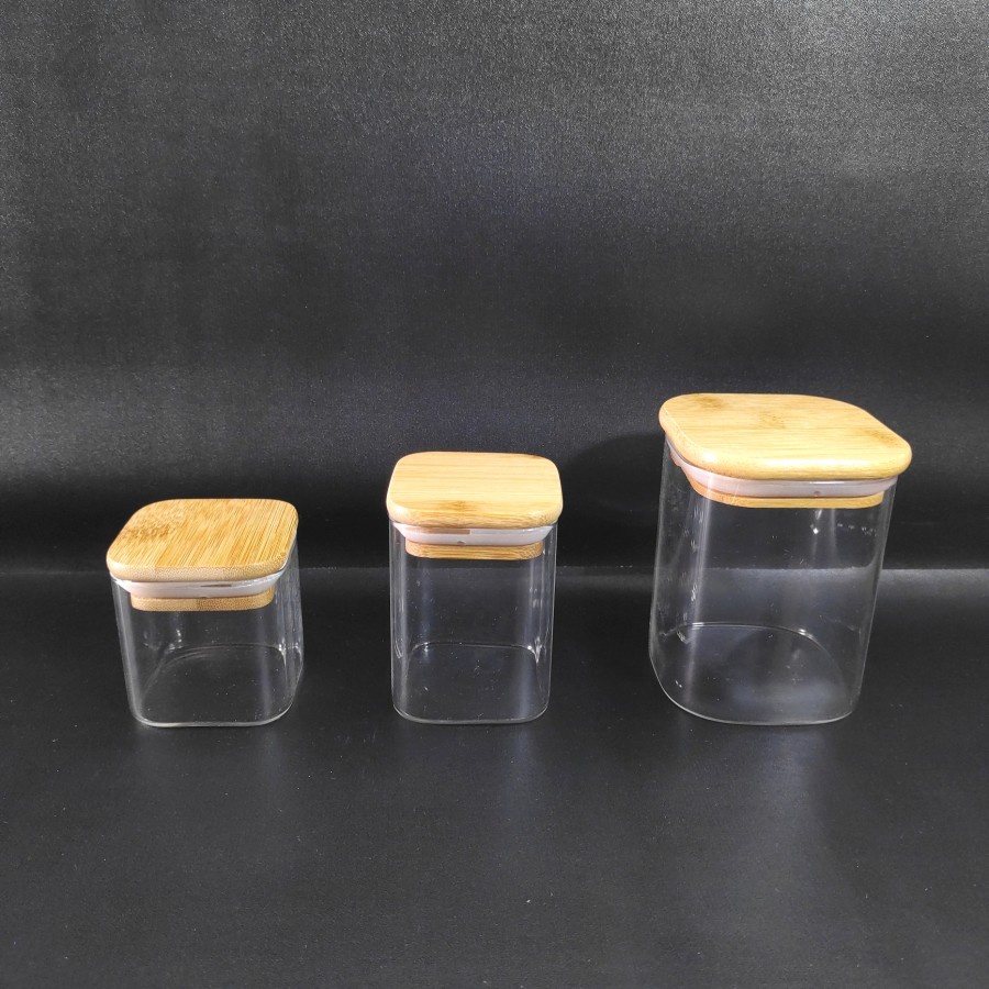 Toples Kaca Tutup Kayu Kedap Udara Bambu Beling Canister Wooden Jar Kue