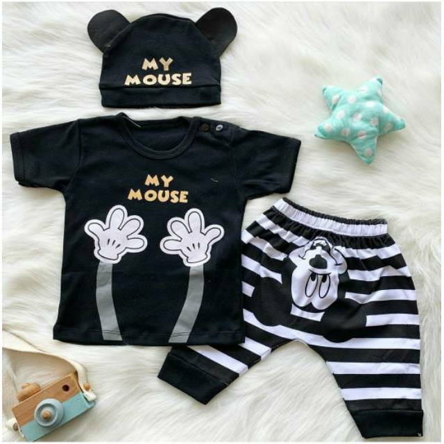 Baju setelan 0-3 tahun kaos celana topi mickey lucu bestseller anak bayi cowok laki murah -mym