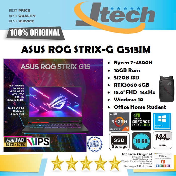 ASUS ROG STRIX-G G513IM - RYZEN 7-4800H - 16GB - 512GB SSD - RTX3060 6GB - 15.6