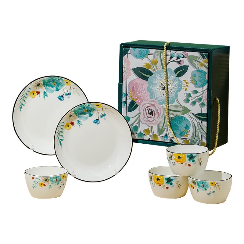 piring set 10pcs motif bunga free box cocok buat hamper dan kado