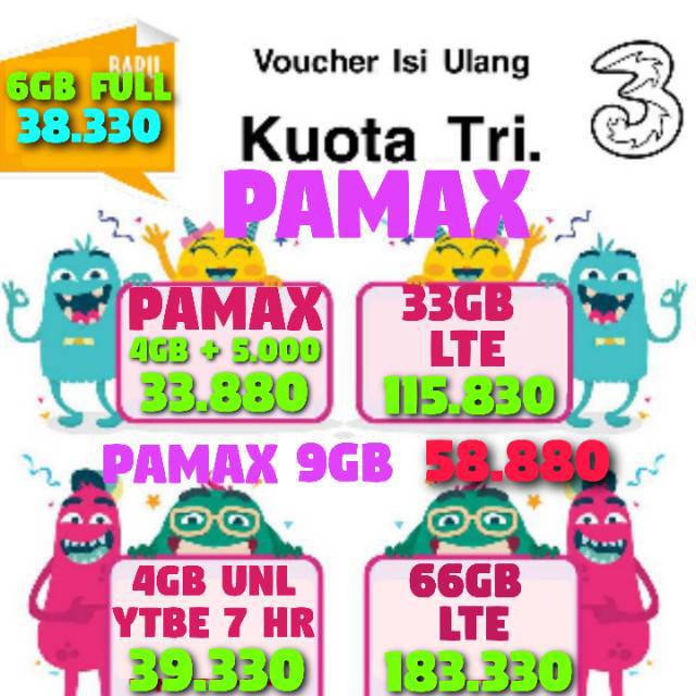 PROMO KUOTA THREE PAMAX 4GB 6GB  33GB LTE 66GB LTE 1 BULAN FULL7