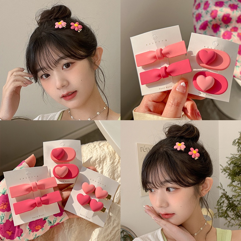 2 Pcs Jepit Rambut Bentuk Pita Motif Bunga Bahan Resin Akrilik Warna Pink Gaya Korea Untuk Wanita