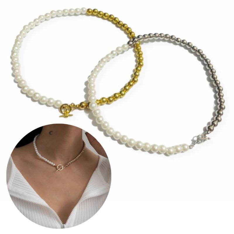 Devina Asymetric Pearl Metalic Necklace Kalung Choker Mutiara Asimetri Korea