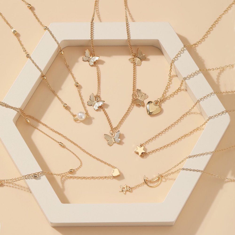6 Pcs/set Simple Gold Necklace Set Butterfly Heart Pearl Choker Chain For Women Fashion Jewelry Accessories
