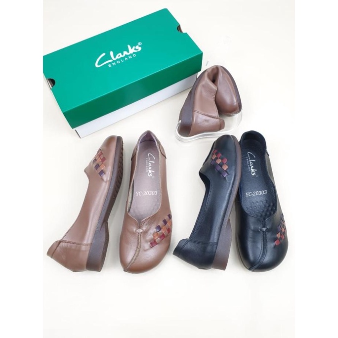 Sepatu Wanita Clarks Leather Flat Original kulit asli import
