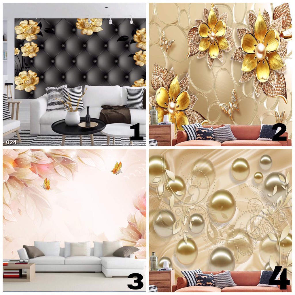 WALLPAPER 3D CUSTOM FLOWER GOLD WALLPAPER DINDING WALLPAPER MOTIF 3 DIMENSI BUNGA RED