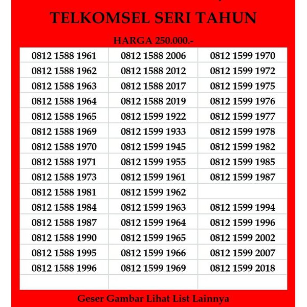 Spesial Nomor Cantik Telkomsel Seri Tahun Simpati 4G LTE Nomer Kartu Perdana non Loop As Berkualitas