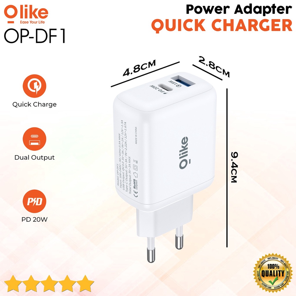 OLIKE Batok Kepala Charger Qualcomm Quick Charge 3.0 Power Delivery 20W Dual Port Batok Casan Garansi Resmi OP-DF1