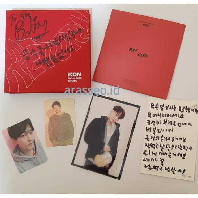 iKON ALBUM RETURN SIGNED ALL MEMBER PC BOBDONG + SPECIAL MESSAGE POSTCARD FROM HANBIN