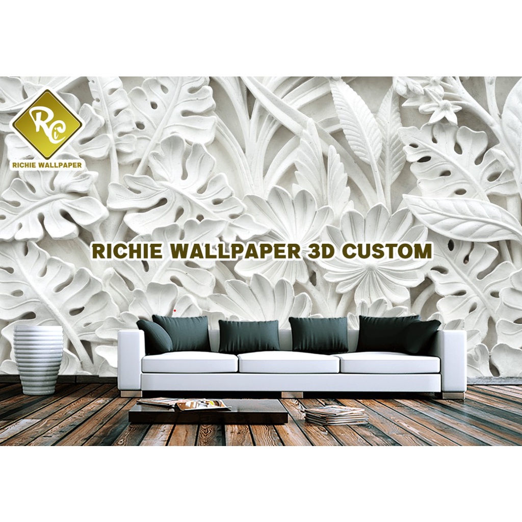 Wallpaper Custom 3D Relief Daun Putih - White Relief - Bunga Putih - White Flower - Wallpaper dindin