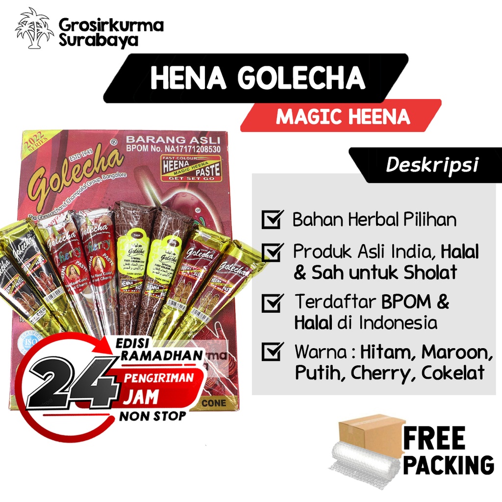 ASLI Henna Hena GOLECHA BPOM Series Warna Maroon Red Cherry Aman Halal Herbal Souvenir Pernikahan