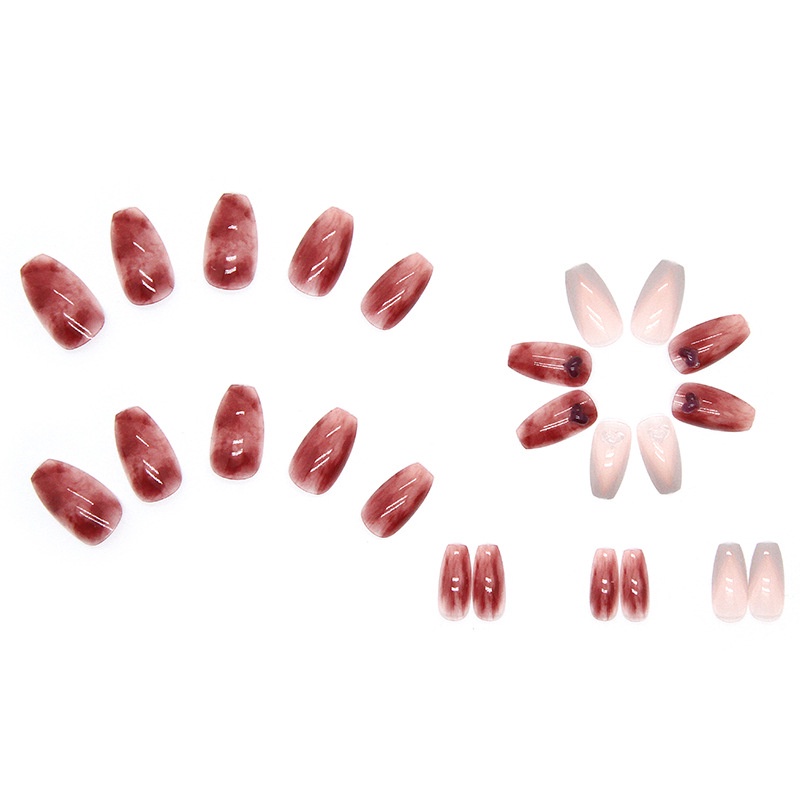 24pcs / Kotak Kuku Palsu Warna Merah Aksen Berlian Imitasi Untuk Dekorasi Nail Art