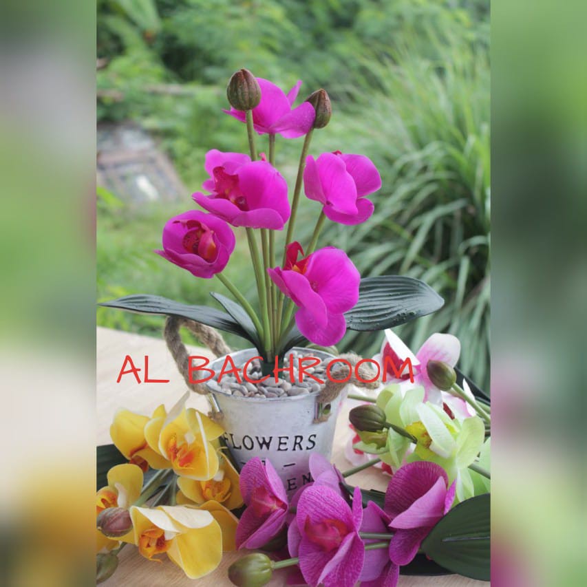 RANGKAIAN BUNGA ANGGREK SEMI LATEX POT BESI FLOWERS GARDEN RB6025 DEKORASI RUMAH ELEGAN HIASAN MEJA TAMU