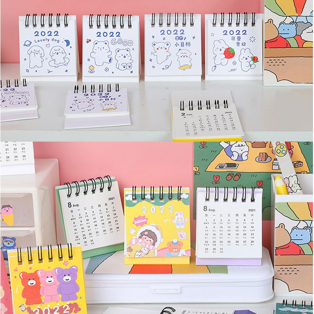 QUINTON ins 2022 Calendar Cute Table Calendar Mini Desk Calendar 2022 Student Stationery Dual Daily Scheduler Table Planner Calendar Planner Kawaii School Supplies Simple 2022 Desktop Decoration