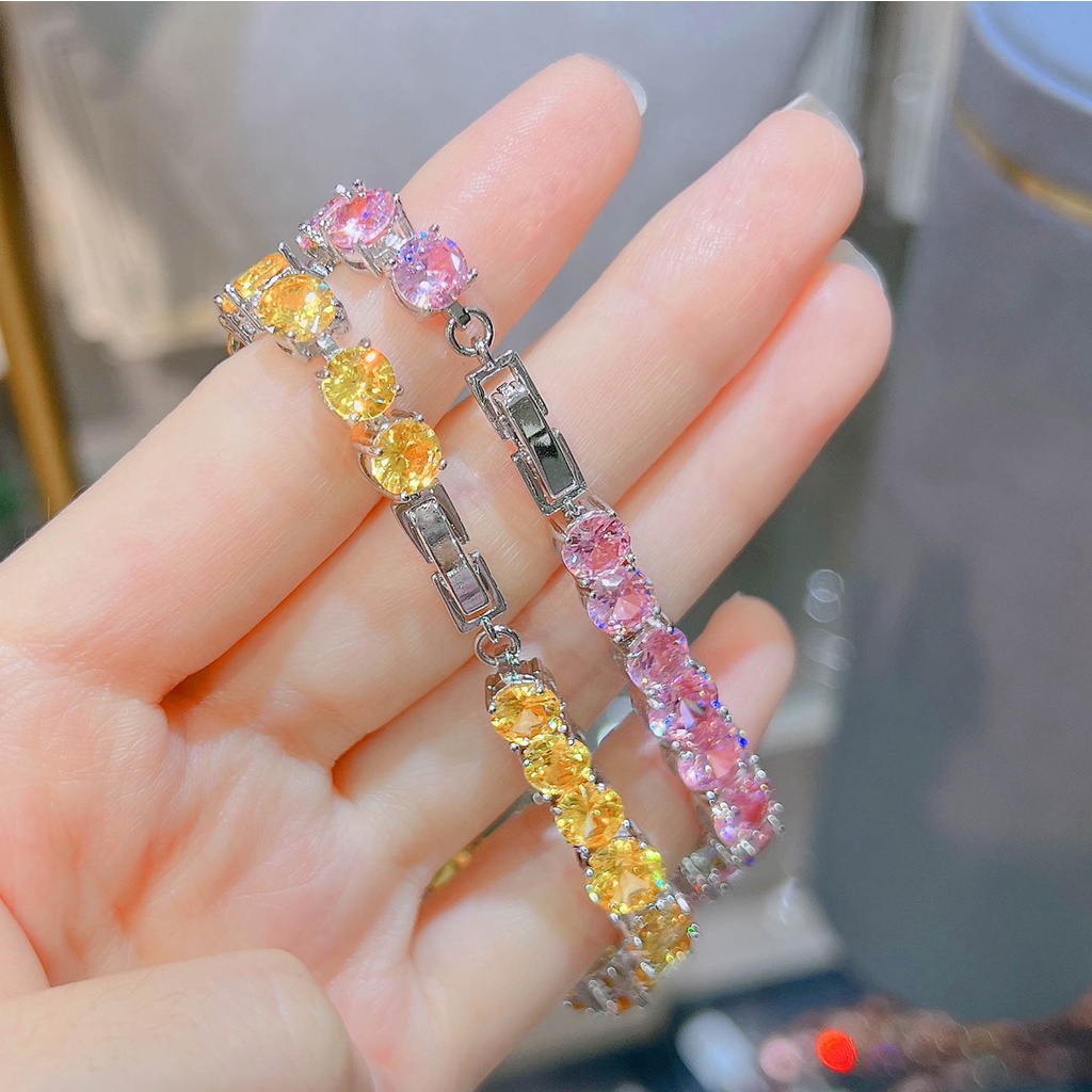 Gelang Bahan Stainless Steel Hias Kristal Berlian Zirkon Warna Pink Untuk Wanita