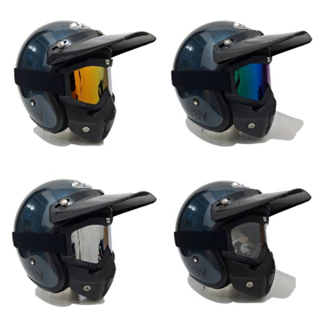 Helm Retro Jpn All Grey Gloss Pet PANJANG Dengan Goggle Mask