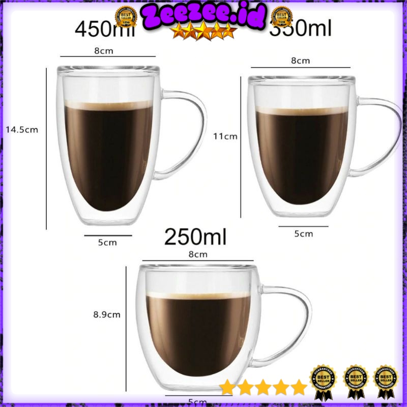 Gelas Cangkir mug Kopi Anti Panas Double-Wall Borosilicate Glass Round Series 350ml with Handle