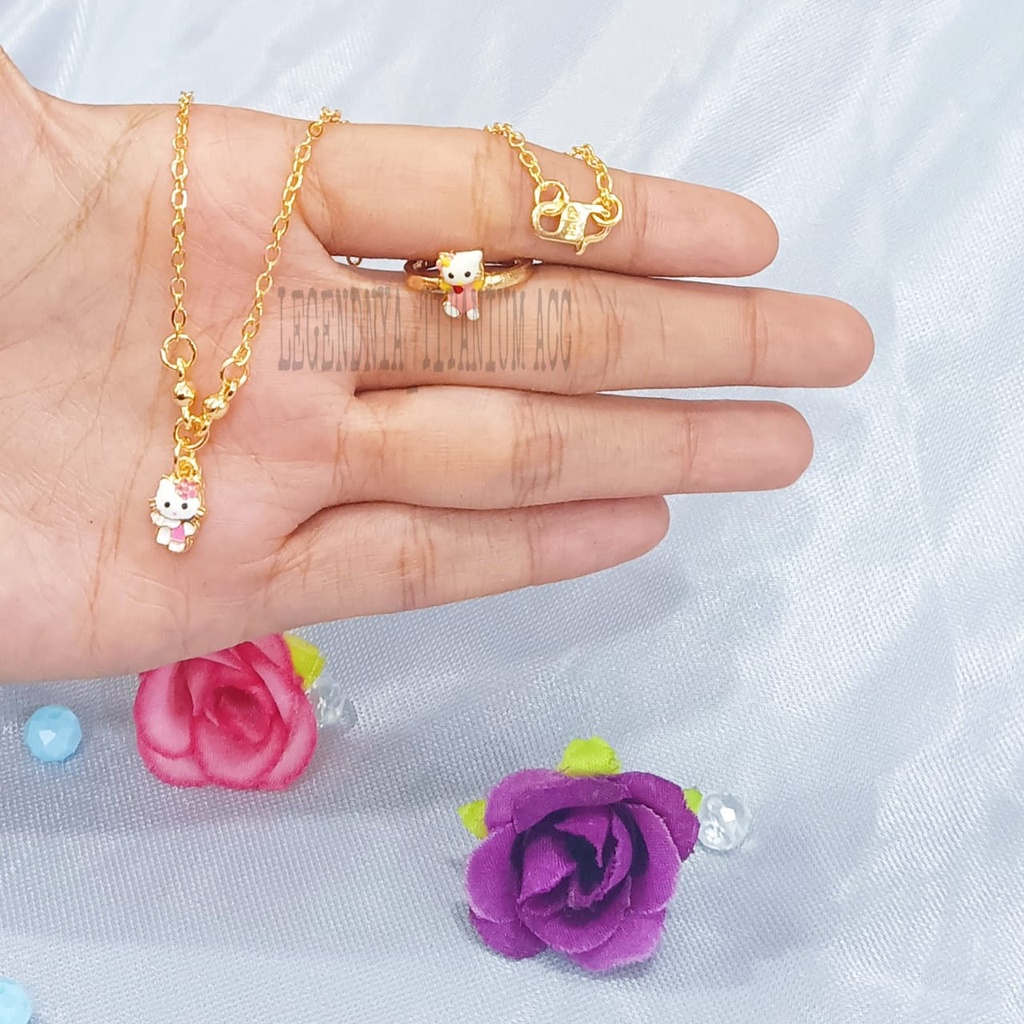 SET ANAK KALUNG+CINCIN PINK KARAKTER TITANIUM SUPER MEWAH ANTI KARAT&amp;ANTI LUNTUR