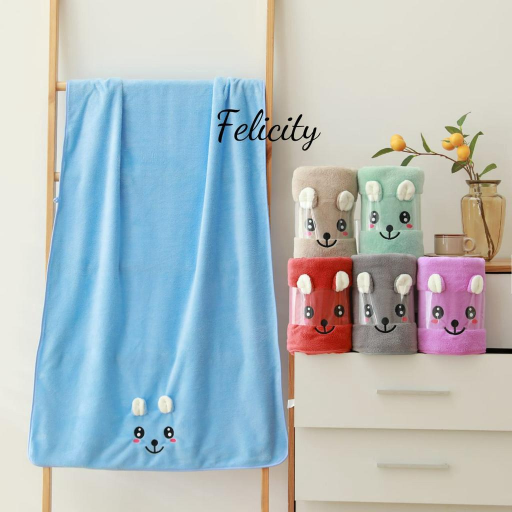 Handuk Mandi Anak / Bayi Microfiber Kuping Timbul Motif Shiba Lembut 50x100cm Daya Serap Tinggi