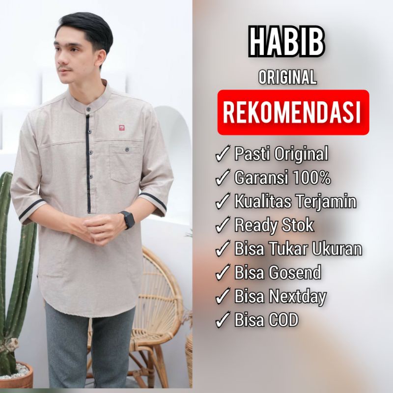 HABIB MUSLIM KURTA ORIGINAL Koko kurta baju muslim pria lengan tiga perempat warna grey seri OXH03