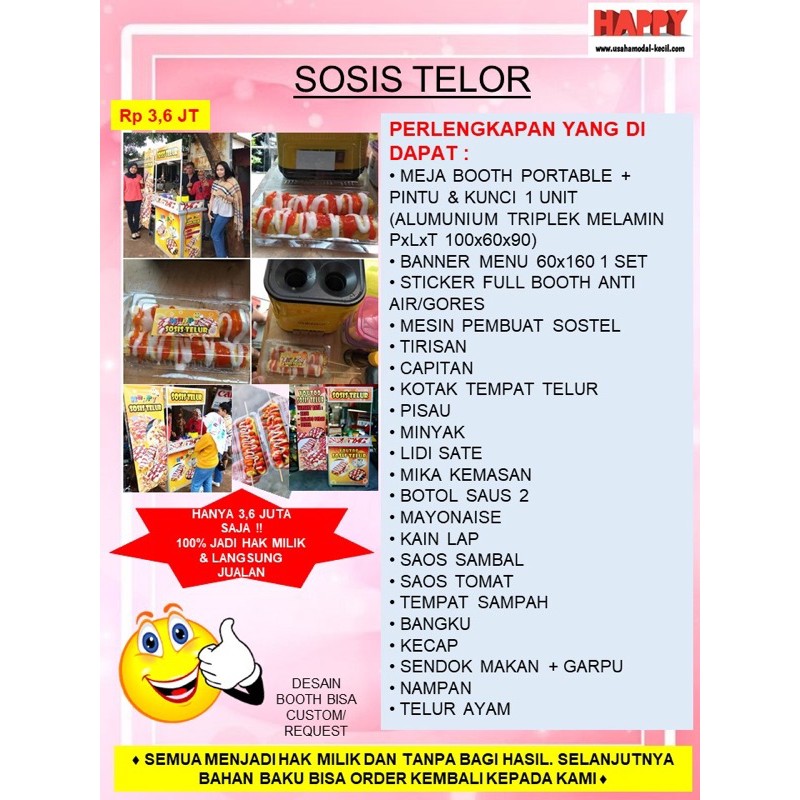 

PAKET USAHA FRANCHISE MAKANAN SOSIS TELOR SOSTEL SOSIS TELUR VIRAL GEROBAK BOOTH PORTABLE KEMITRAAN