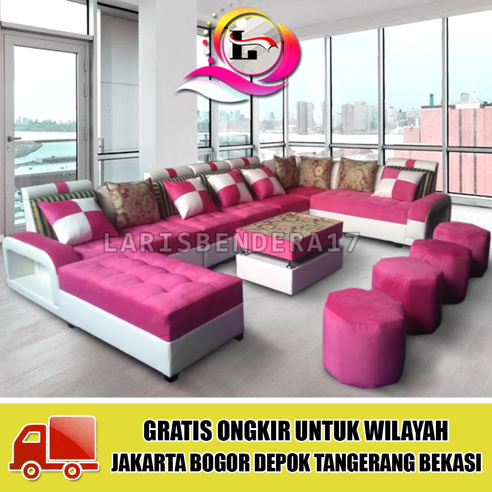 Set Sofa ELLUXO Plus Meja Bernuansa Megah, Minimalis & Modern | Pelengkap Ruang Tamu - Pink