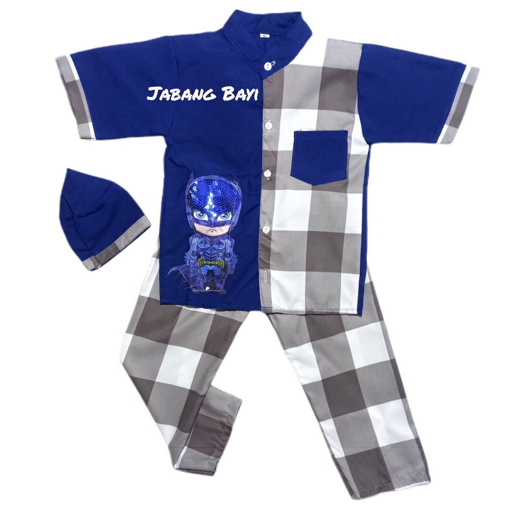 Baju Koko Muslim Setelan Anak Laki-laki Motif Kotak Anak Peci LED