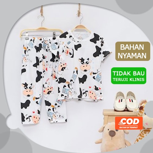 Setelan Baju Piyama Kaos Anak Laki laki dan Perempuan Motif MOO MOO usia 1 2 3 4 5 6 7 8 9 10 tahun 