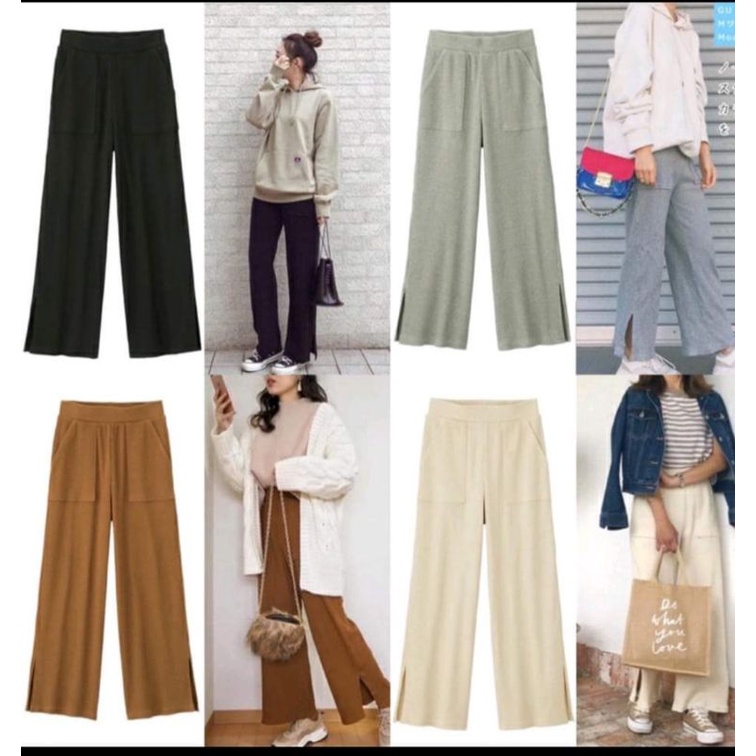 Celana Wanita Kulot Panjang Uniqlo GU Rib Slit Wide Long Pants Original Branded