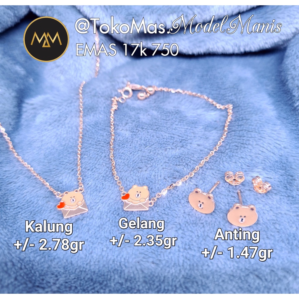 Perhiasan emas set Brown Line Friends kalung gelang anting emas rosegold 750 kadar 17k