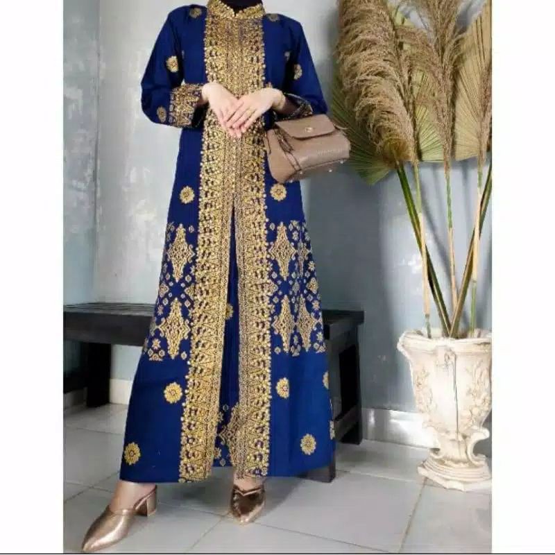 couple gamis batik songket Palembang biru navy