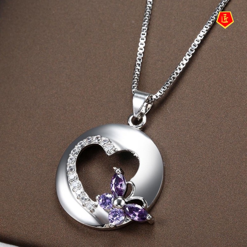 [Ready Stock]Bow Heart-Shaped Pendant European and American Fashion Inlaid Amethyst Necklace