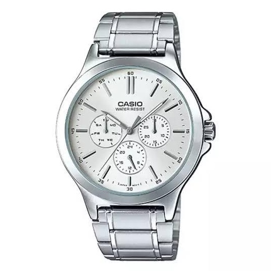 JAM TANGAN RANTAI PRIA / WANITA  CASIO MTP V300D ANALOG QUARTZ GROSIR IMPORT STAINLESS STEEL CS014-PLAT PUTIH LIS PUTIH