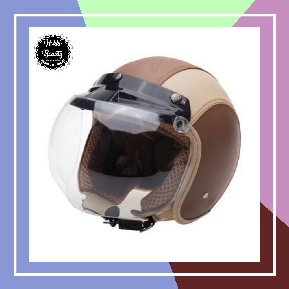 Helm Bogo Kulit Full Leher Retro Dewasa SNI Kaca Cembung Datar SUDAH TERMASUK KACA