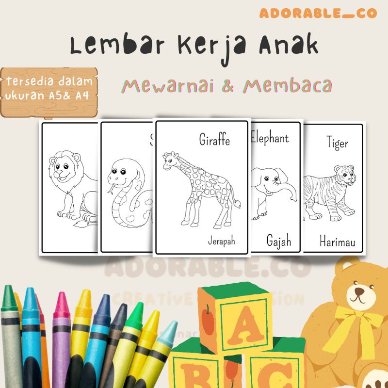 

Lembar Mewarnai Hewan 12 Lembar (100gsm) tebal / Lembar Kerja Anak Murah Ukuran A5 A4