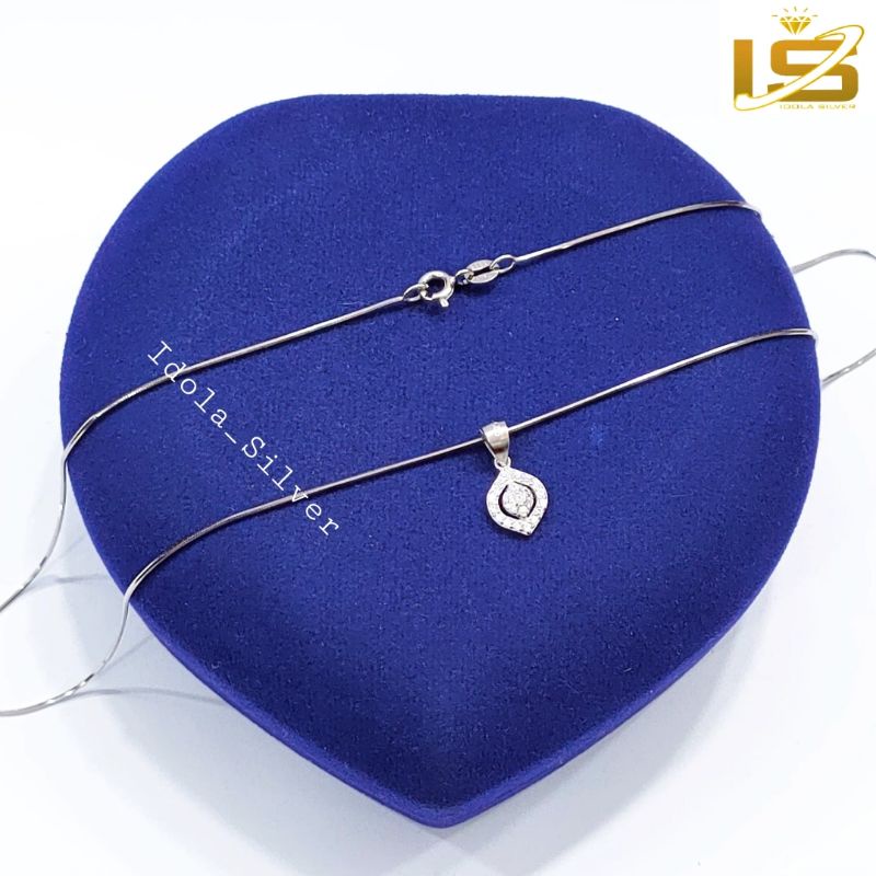 KALUNG PERAK ASLI SILVER WANITA 925 LAPIS EMAS PUTIH MODEL LIONTIN OVAL PERMATA+BULAT PERMATA - PERHIASAN PERAK WANITA ASLI