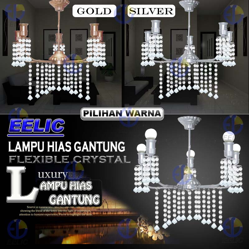 EELIC LHG-83 LAMPU HIAS GANTUNG CRYSTAL LIMA KAP SELANG FLEXIBLE DENGAN HIASAN MANIK CRYSTAL