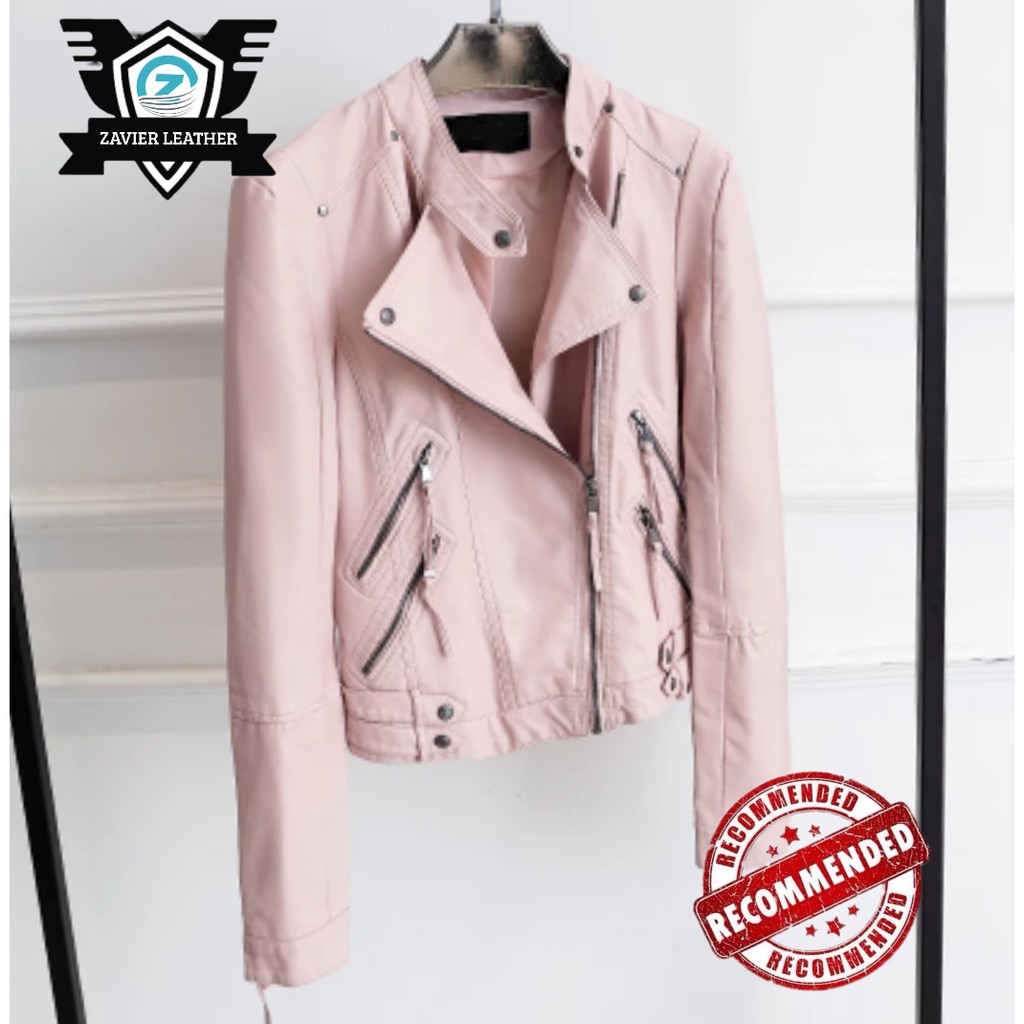 jaket kulit ramones wanita crop pink/jaket motor wanita lengan panjang/jaket wanita pink termurah