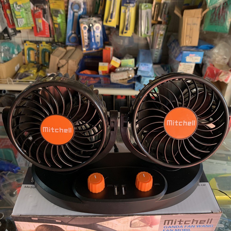 Kipas Angin Mobil Truk 24V 24 Volt Mitchell Dual Fan 2 USB 2A Swing Kipas Mobil Double Fan