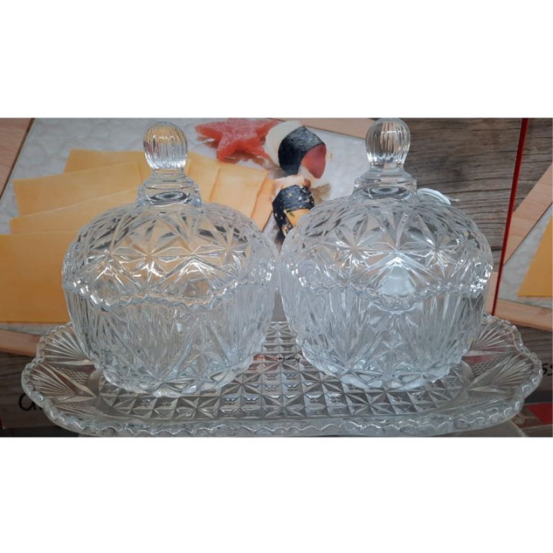 Delicia Toples Kristal Set Nampan Kaca / Candy Jar Set
