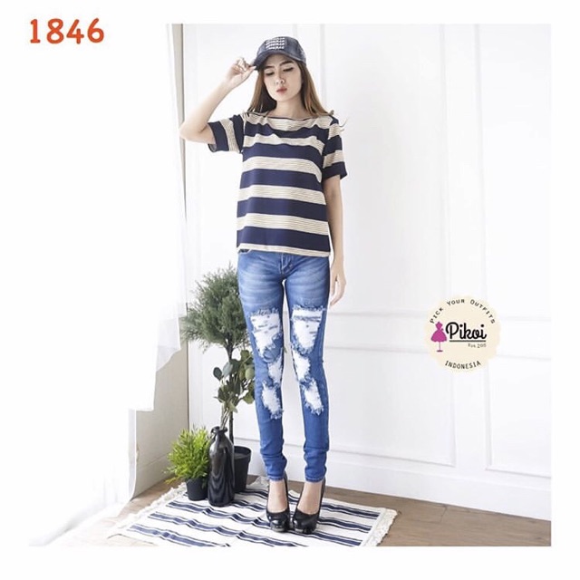 Blouse cewek lucu murah / blouse garis wanita / blouse scuba murah / blouse kantor wanita murah 1846