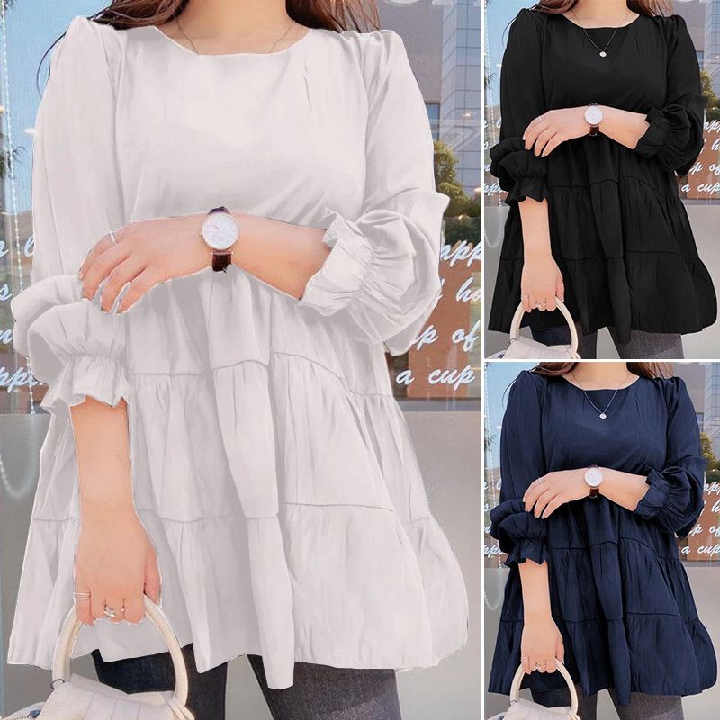[ZANZEA COLLECTION] Atasan wanita Casual motif polos lengan panjang/Blus wanita jumbo S-5XL