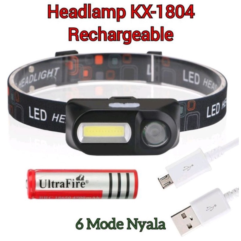 Headlamp Flashlight Headlight Senter Kepala Rechargeable KX 1804 High / senter kepala 2 tombol